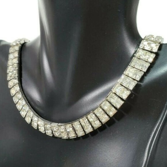 Silver Tone Channel Rhinestone Necklace Collar 14" - Picture 2 of 8